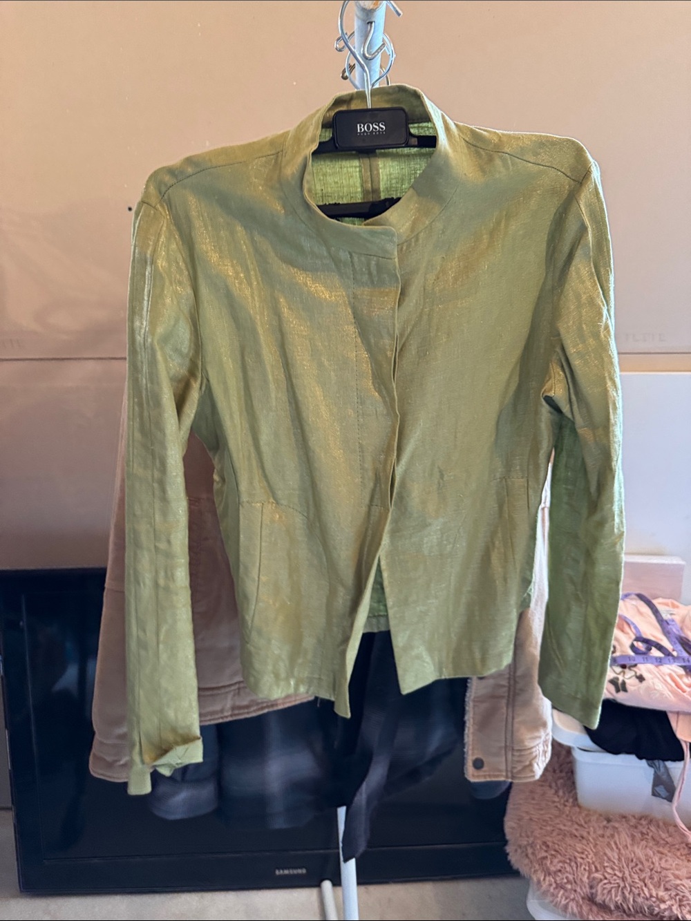 Caractere Olive Green Metallic-Thread Open Front Jacket